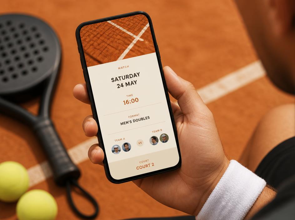 Phone showing a fixture card on a padel court