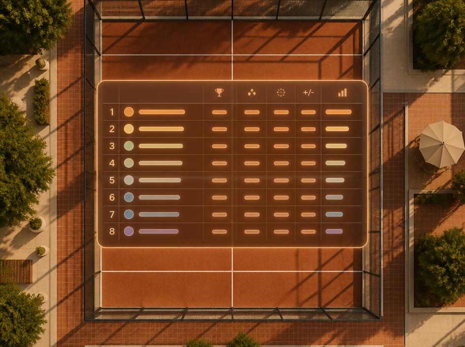 Aerial view of a padel court with a league table overlay